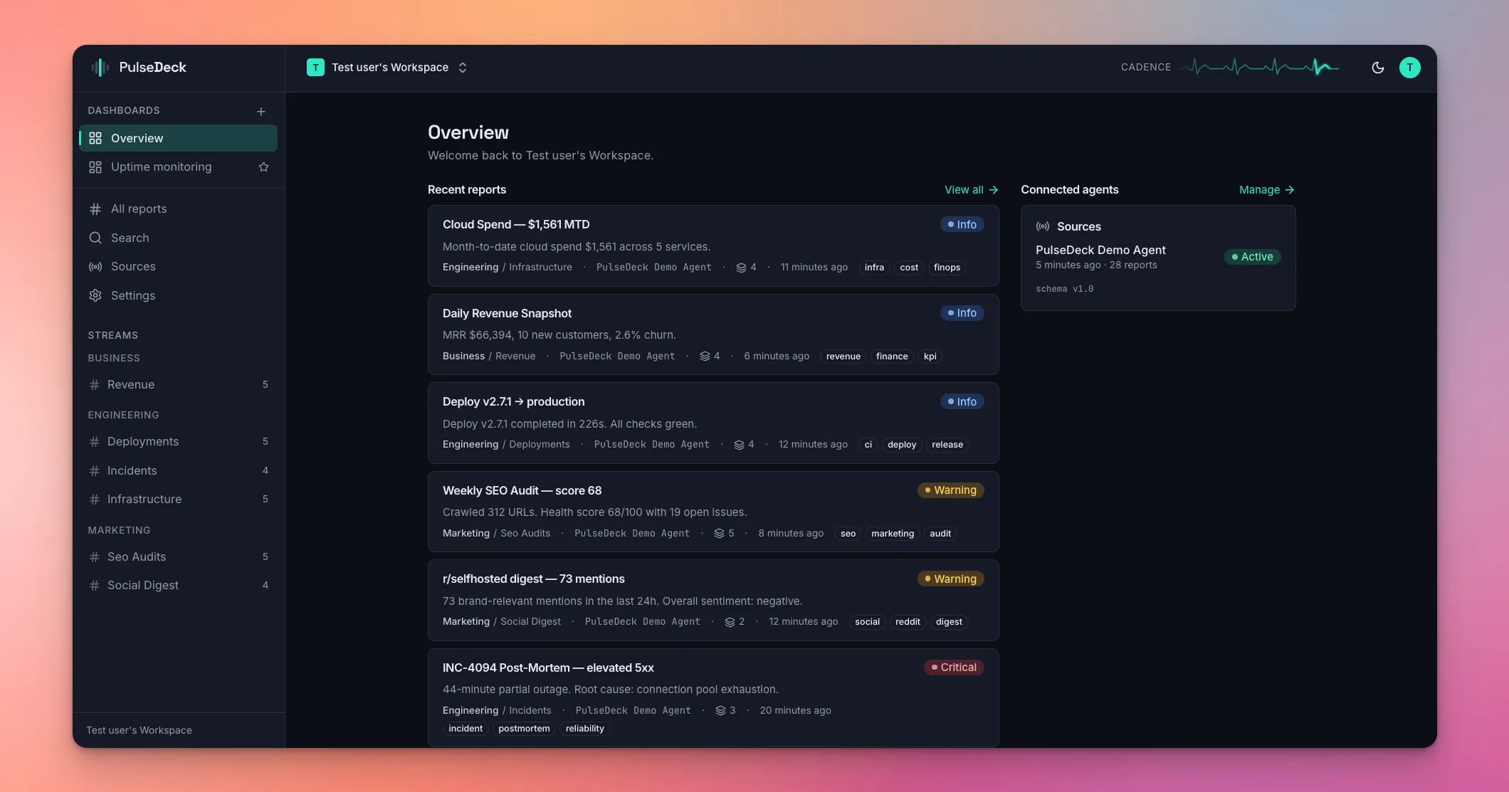 PulseDeck Overview in dark mode: recent agent reports and connected agents.